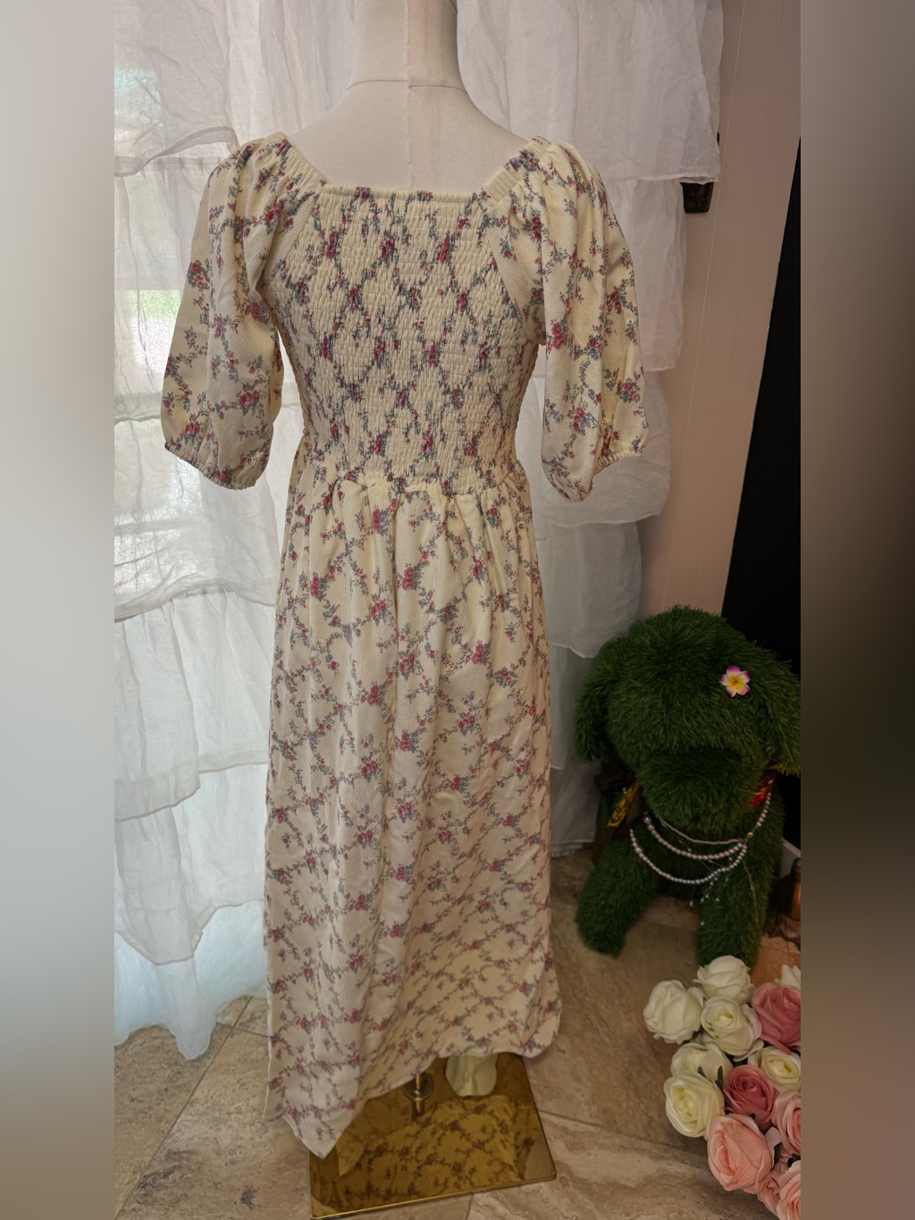 Nwt Pink Desert Floral Corduroy Midi Dress With Puff Sleeves Cream — image 3 of 8